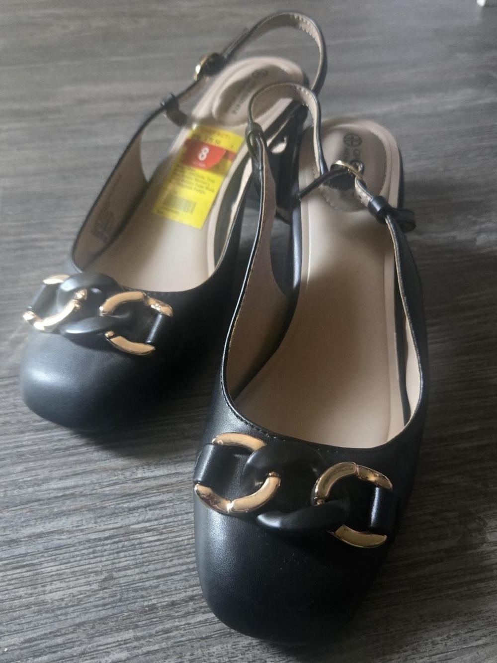 Women’s Black Slingback Flats with Gold Chain Detail